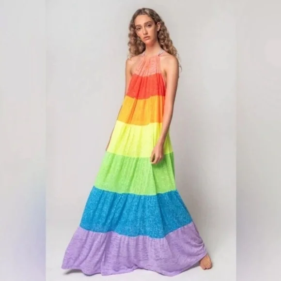 Pitusa Revolve Popsicle Rainbow Maxi Halter Top Dress Petite Size 6-14